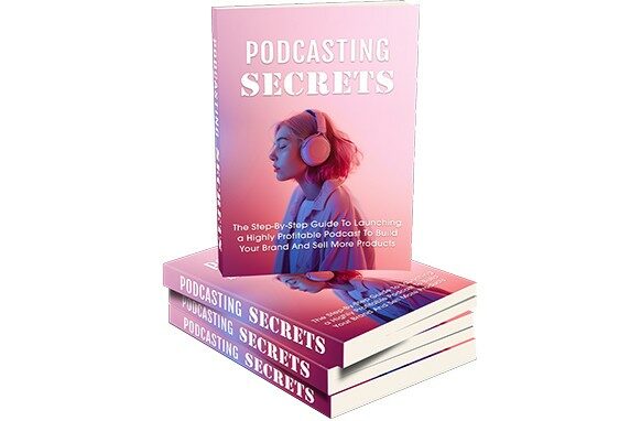 Podcasting Secrets book cover featuring woman with headphones.